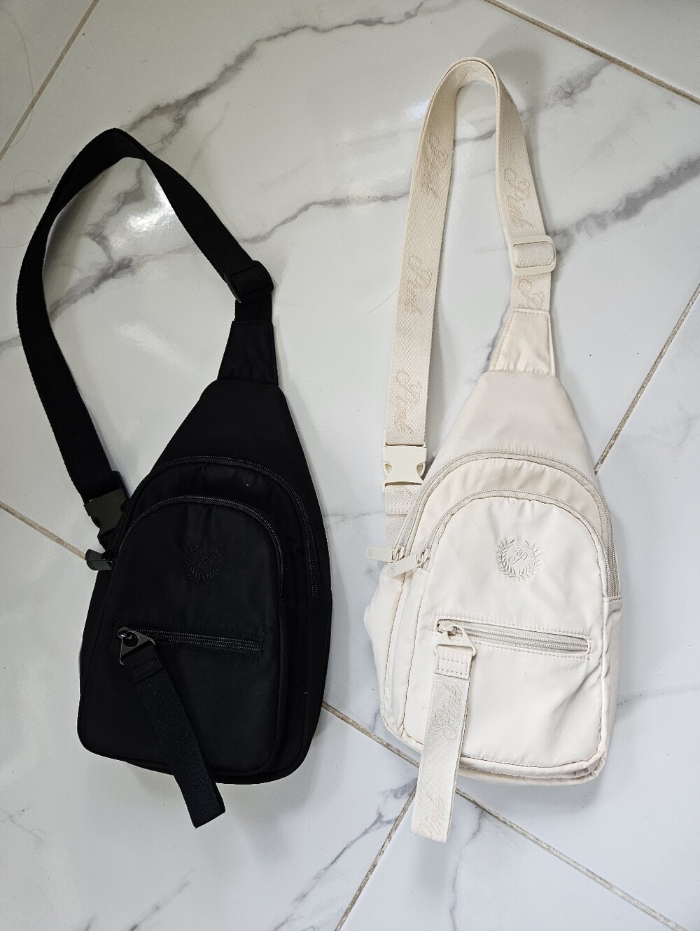 Victoria Secret Pink cream and black crossbody nylon bag